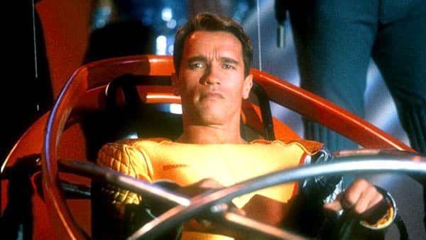 The Running Man - Arnold Schwarzenegger as Ben Richards about to be jettisoned into the battle arena