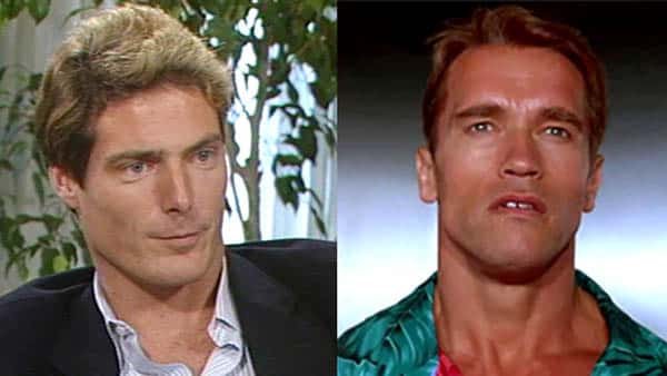 Christopher Reeve and Arnold Schwarzenegger side by side comparison for the role of The Running Man circa 1987