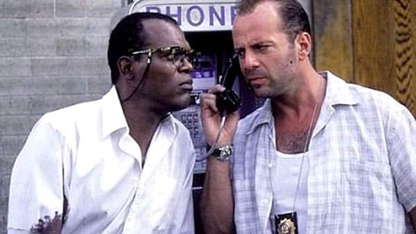 die hard with a vengeance - samuel l. jackson and bruce willis answer a phone call from the terrorist - best buddy cop movies ever