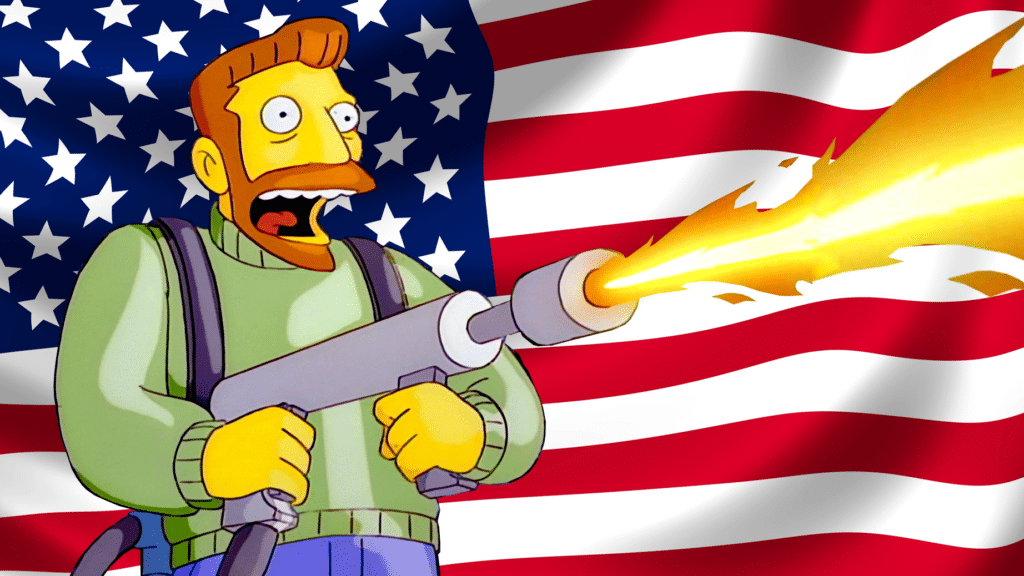 photoillustration of hank scorpio scorching an American flag