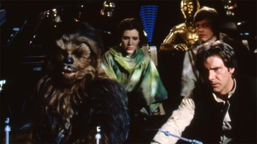 A pensive Han Solo, Chewbacca, Princess Leia, Luke Skywalker and C3PO as they approach the Forest Moon of Endor in Return of the Jedi.