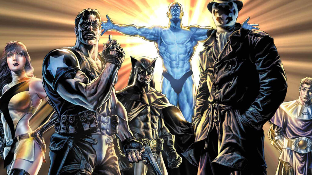 Who watches the Watchmen? An assembled pose of the Silk Spectre, The Comedian, Night Owl, Doctor Manhattan, Rorschach and Ozmandias.