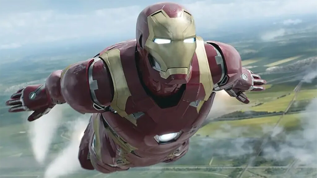 Iron Man, brought to life by Robert Downey Jr, flies through the skies.