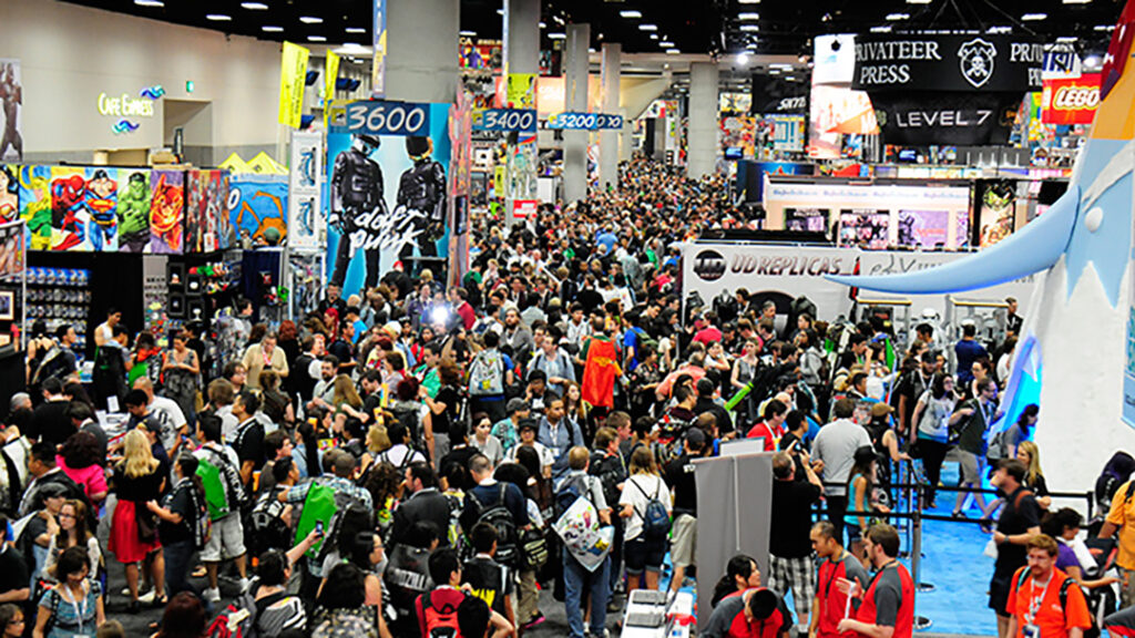 A wide shot of the exhibition floor at San Diego Comic Con.