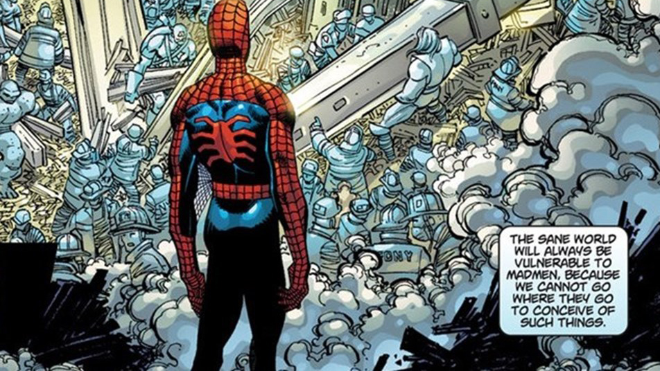 Spider-Man mournfully stands over Ground Zero after the World Trade Center's collapsed on 9/11. 