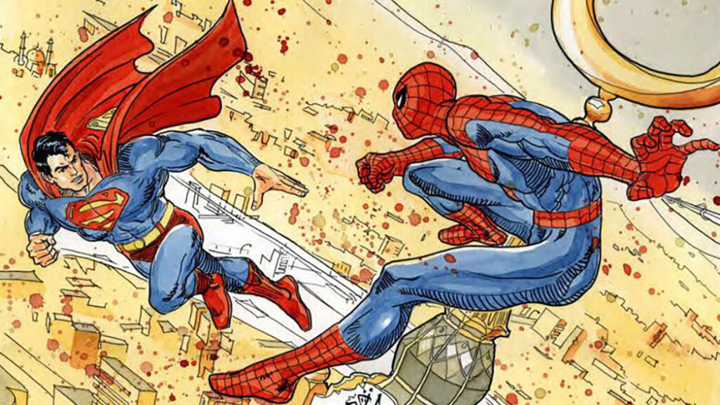 When worlds collide! DC Comics' Batman and Marvel Comics' Spider-Man converge in the sky.