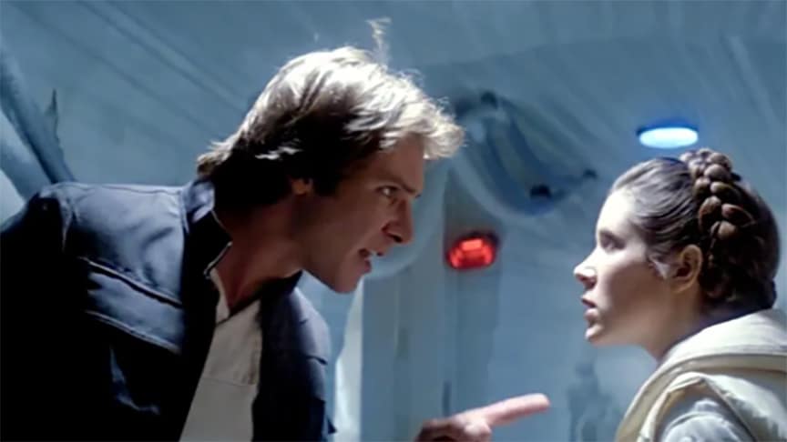 In The Empire Strikes Back Han Solo's and Princess Leia's relationship takes an antagonistic turn on Hoth. 