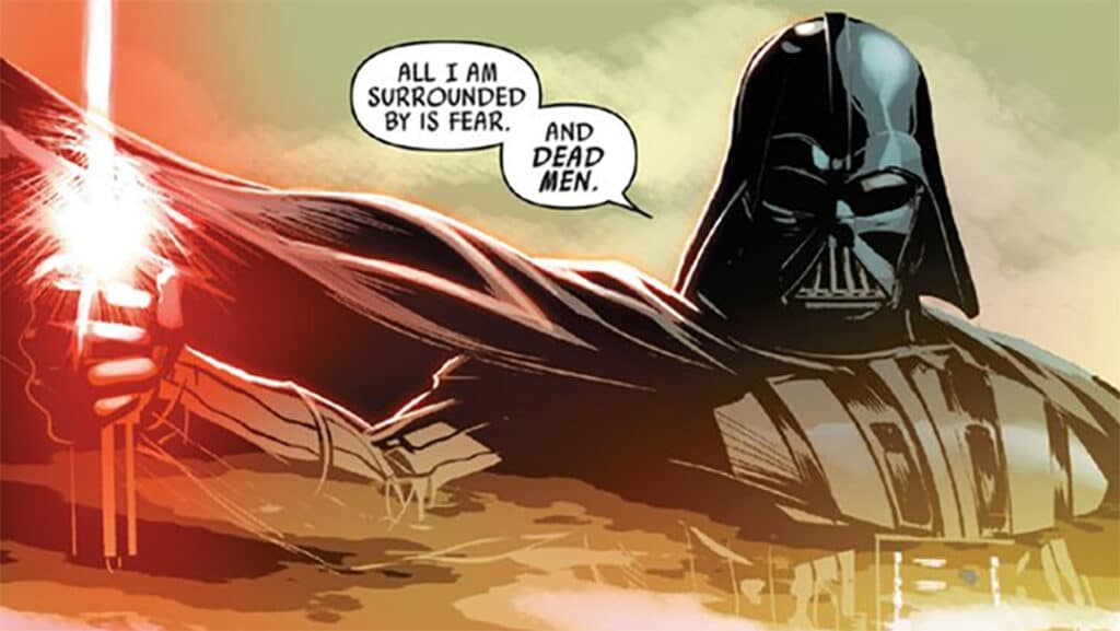 Comic panel of a threatening Darth Vader brandishing his red lightsaber.