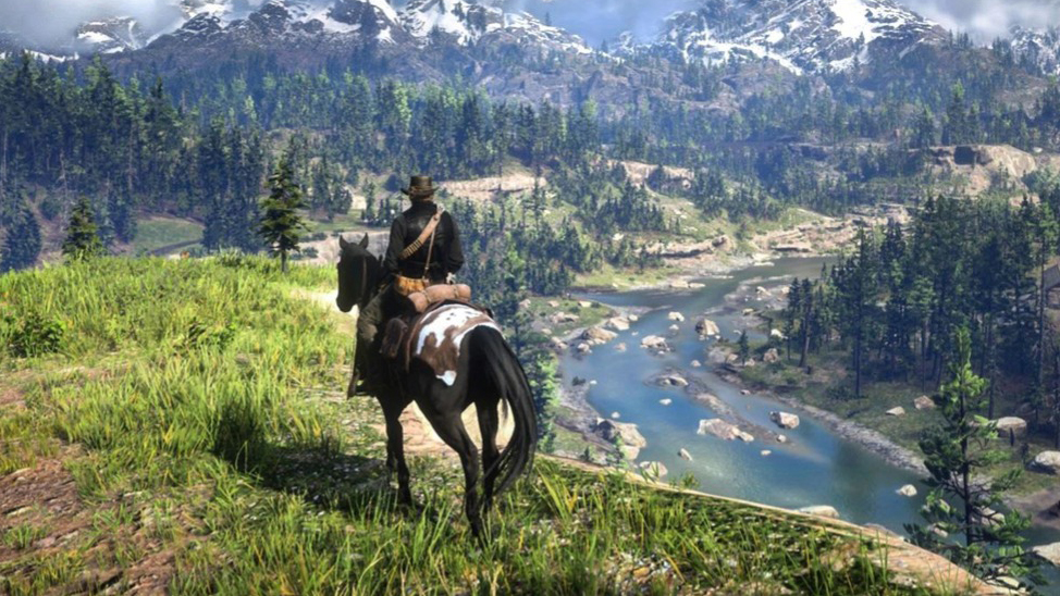 Red Dead Redemption's John Marston perches atop his horse in one of the many visually stunning views in the game.