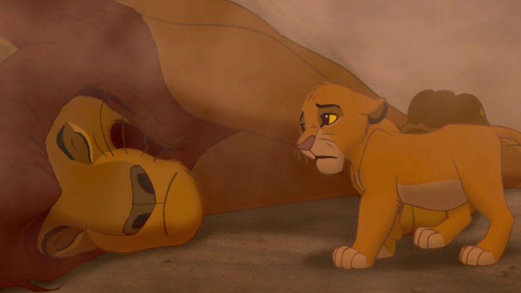 Mufasa lying in the gorge as Simba looks on, depicting one of the most formative fictional deaths in Disney history.