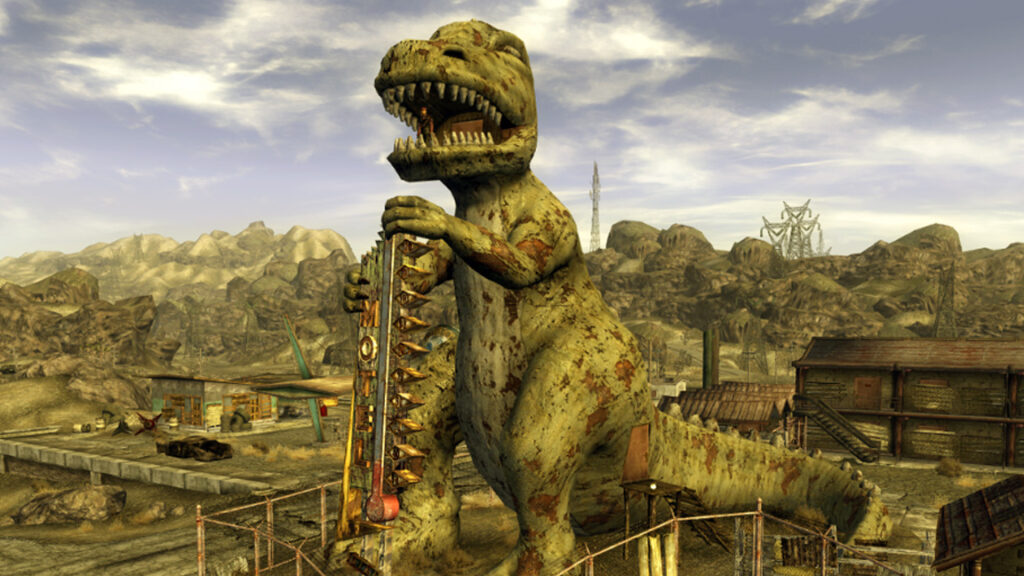 The iconic Dinky the T-Rex statue in Novac from Fallout: New Vegas; a location where player choice reigns, whereas the show fixes game storytelling by committing to a singular, permanent timeline for such locations.