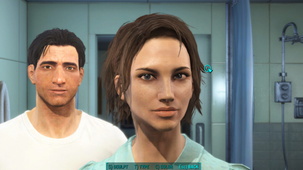 A character creation screen from a Fallout game showing a protagonist in a Vault jumpsuit; a starting point where the show fixes game storytelling by replacing blank-slate avatars with deeply established characters.