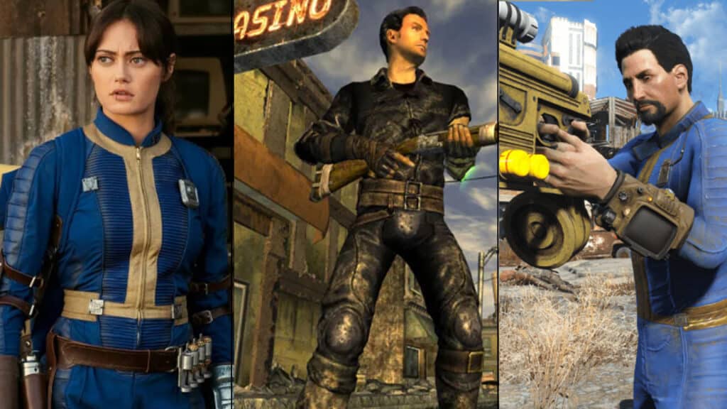 "A side-by-side comparison of the Fallout TV show protagonist and game characters from Fallout: New Vegas and Fallout 4, illustrating how the show fixes game storytelling by providing a fixed, emotional narrative path."