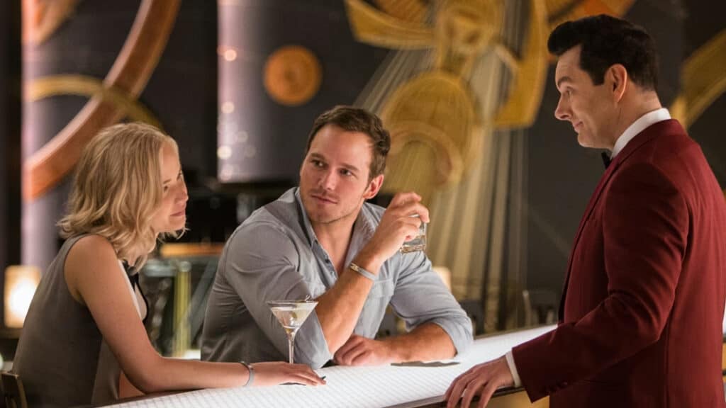 Screen capture from Passengers, often mentioned among movies that aged badly, showing Jim and Aurora inside the futuristic interior of the spaceship Avalon.